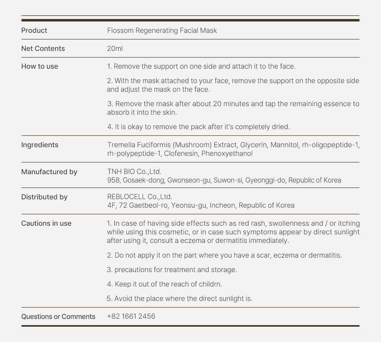 [Reblocell] Flossom Regenerating Facial Mask EGF 1ppm 1 Sheet